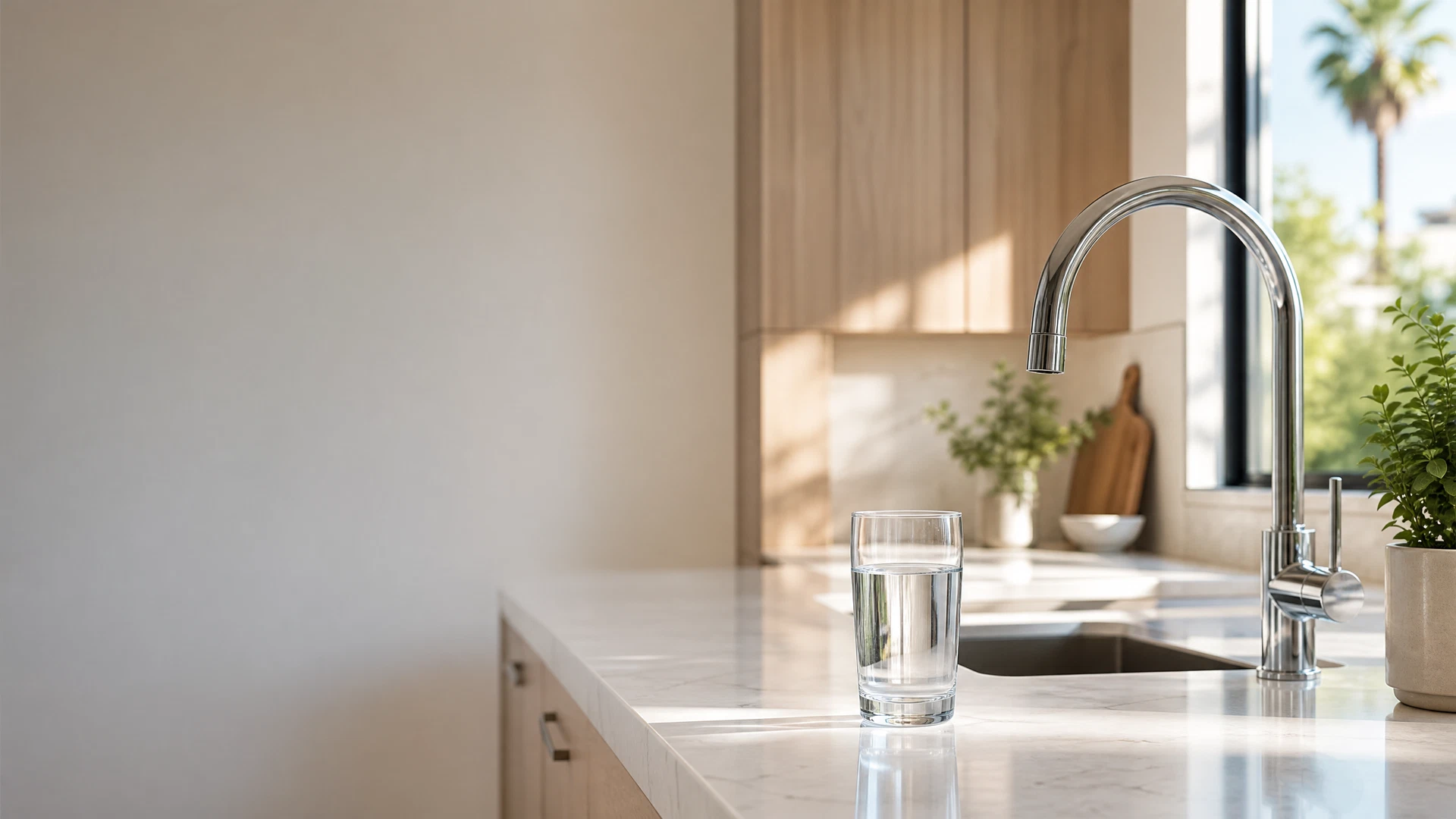 Bright modern kitchen with a clear glass of water and chrome faucet